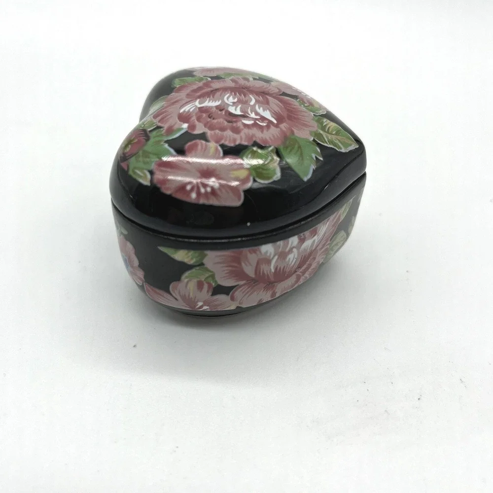 Otagiri Tavistock Floral Garden Heart Trinket Box Black‎ Pink Roses Hinged Lid